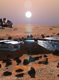 Modul Beagle 2 v pracovním rozložení na povrchu Marsu