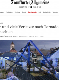 „Mrtví a zranění po tornádu v Česku.“ Tak zní titulek německého deníku FAZ, který informuje o dění v Česku
