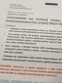 Upozornění na zvýšené riziko kyberšpionážních či ransomwarových útoků proti České republice